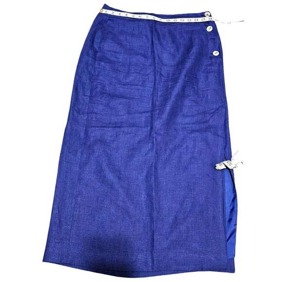 Vintage David N. Blue Linen Midi Skirt With Side Button Detail & Slit - Picture 9 of 9